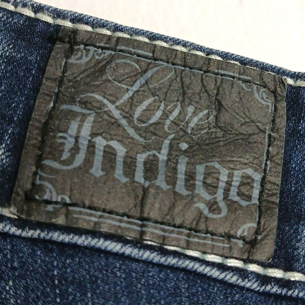 Love Indigo Bootcut Jeans Embroidered Cross Flap Pockets Glam 34x29 McBling Y2K - Picture 11 of 11